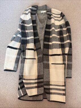 Nine West Cream & Gray Plaid Open-Front Cardigan W/Pockets Super Soft - Size XS
